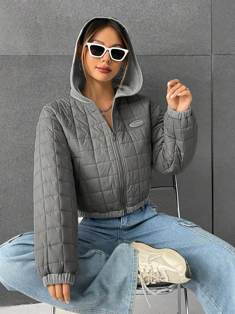 Letter Patched Detail Zipper Hooded Quilted Coat
