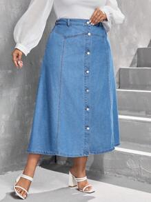 SHEIN Essnce Plus Button Front Denim Skirt - Dark Wash - View 3