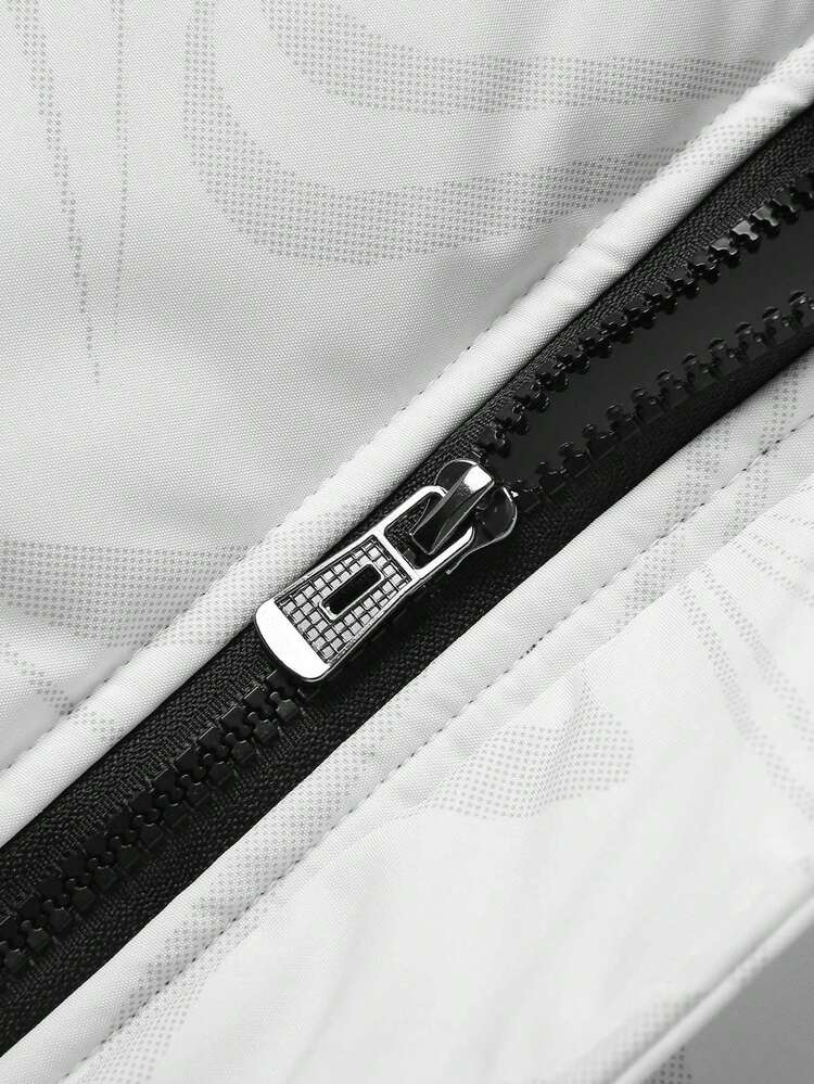 1pc Men's Loose Fit Color Block Teddy Lined Padded Coat With Flap Pockets And Zipper Closure