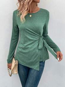 SHEIN LUNE Solides T-shirt Zum Binden An Der Seite - Grün - Übersicht 4