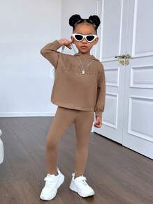SHEIN Young Girl Letter Embossed Drop Shoulder Hoodie & Leggings - Coffee Brown - View 4