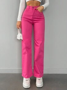 EURMUSE High Waist Straight Leg Jeans Pink - Hot Pink - View 1