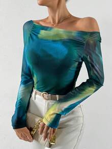 SHEIN Unity Camiseta crop de tie dye fruncido delantero de manga raglán - Verde - Ver 6