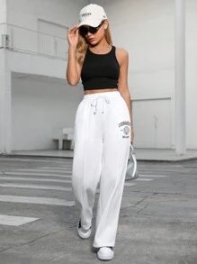 SHEIN Essnce Letter Graphic Drawstring Waist Seam Front Pants - White - View 4