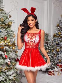 Cut Out Front Fuzzy Trim Lingerie Set & Headband - Red - View 6