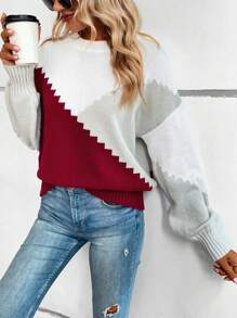 SHEIN LUNE Suéter de punto con hombros caídos y bloques de color para otoño e invierno - Blanco - Ver 3