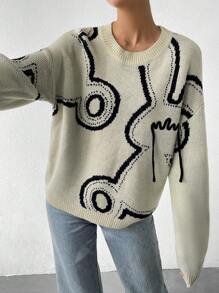 SHEIN Essnce Jersey con patrón de dibujos animados de hombros caídos - Albaricoque - Ver 1