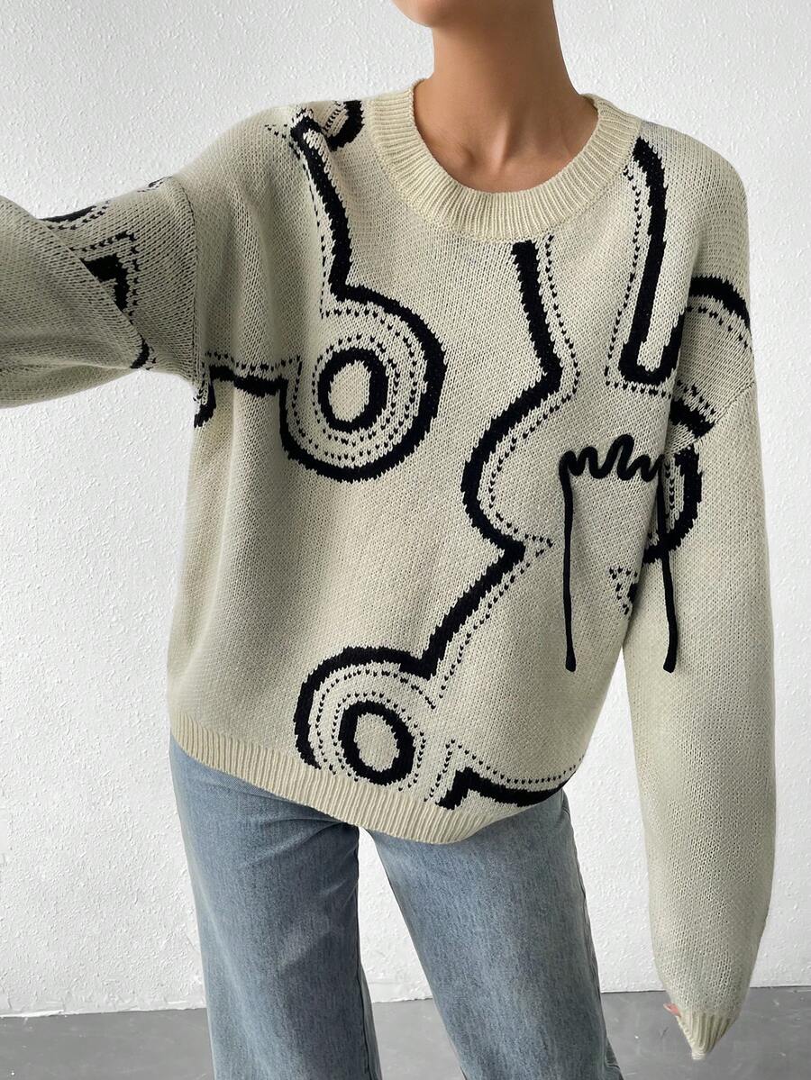 SHEIN Essnce Jersey con patrón de dibujos animados de hombros caídos - Albaricoque - Ver 1