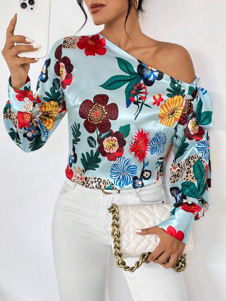 Floral Print Asymmetrical Neck Knot Side Blouse