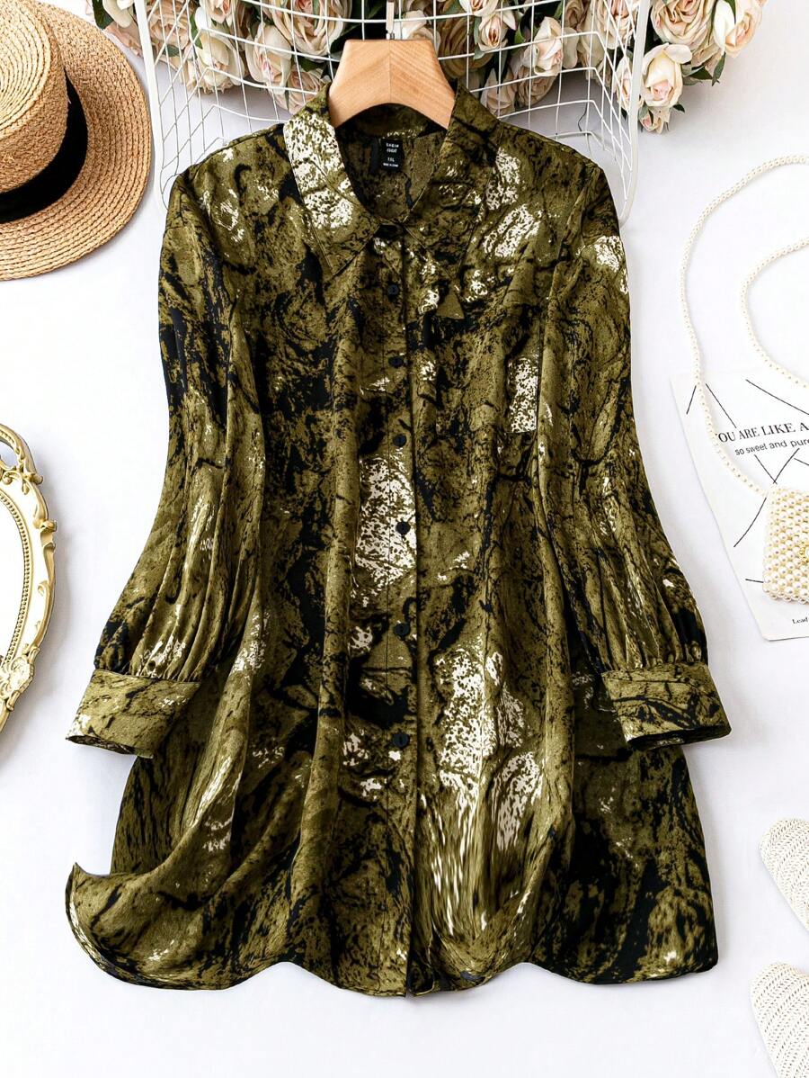 SHEIN Clasi Plus Allover Print Button Front Shirt - Green - View 1