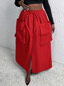 Slaydiva Plus Drawstring Waist Dual Pocket Split Thigh Skirt - Red - View 5