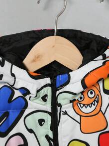 SHEIN 1pc Young Boys' Adorable Comfortable Cartoon Letter Pattern, Versatile Warm Quilted Stand Collar Thick Coat For Winter - White - View 3