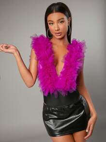 SHEIN BAE Plunging Neck Layered Mesh Ruffle Trim Bodysuit - Hot Pink - View 3