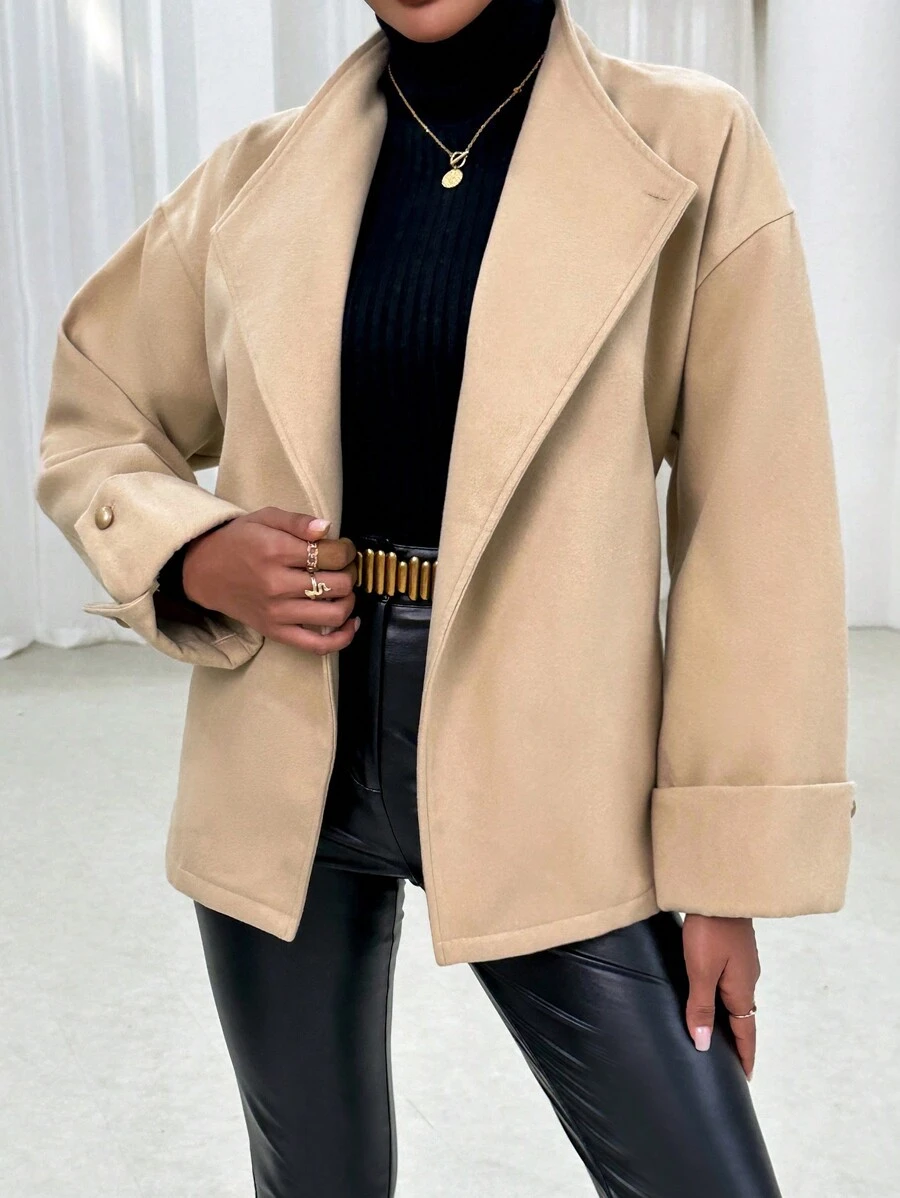 SHEIN Privé Waterfall Collar Drop Shoulder Belted Overcoat - Khaki - View 1