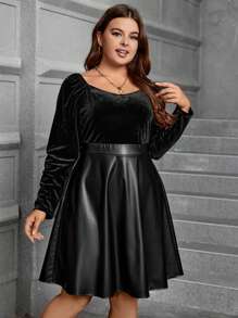 SHEIN Clasi 大碼雞心領口泡泡袖PU皮革洋裝不附腰帶 - 黑色 - 查看 5