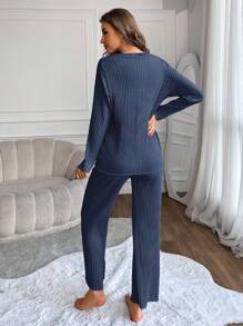 EURMUSE Women's Text Print Ribbed Knit Lounge Wear Set - Blue - View 2