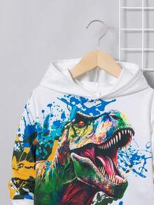SHEIN 男童休閒舒適趣味恐龍圖案連帽衛衣加上色彩噴繪圖案針織長褲套裝 - 白色 - 查看 3