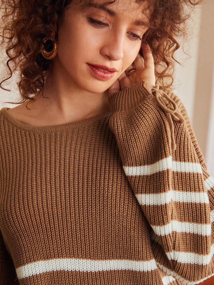 Women'S Striped Drop Shoulder Sweater Winter Brown Casual