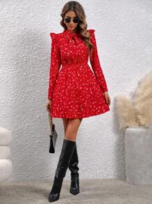 SHEIN LUNE Ditsy Floral Print Tie Neck Ruffle Trim Dress - Red - View 5