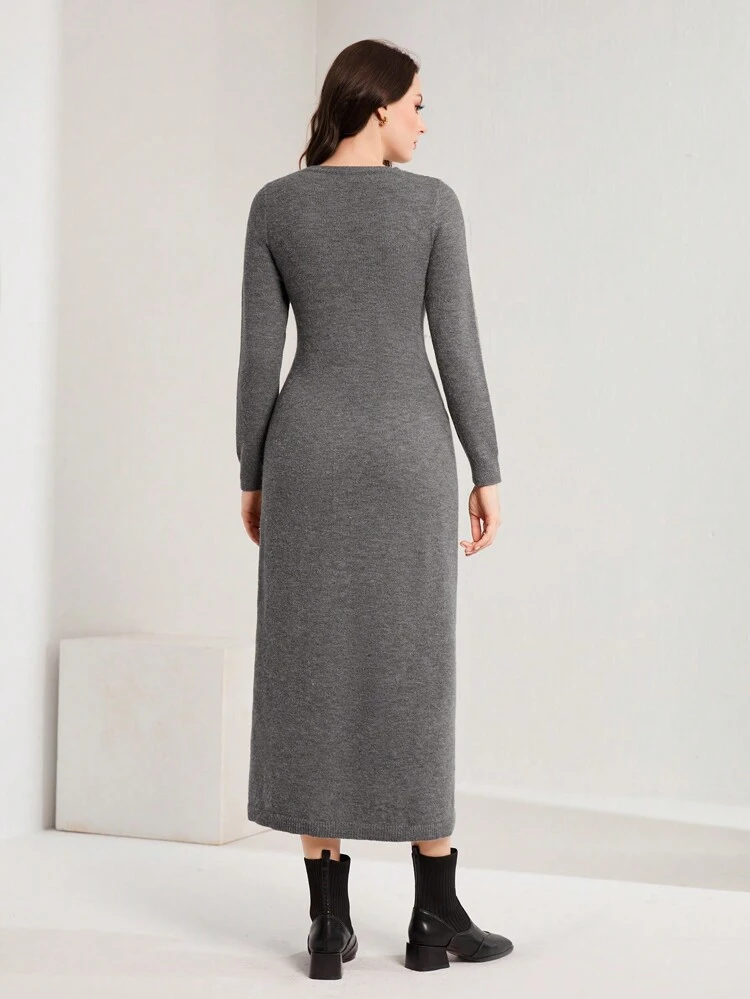 Solid Fold Pleated Detail Belted Sweater Dress