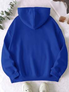 SHEIN EZwear 加大码刺绣爱心图案袋鼠口袋落肩抽绳卫衣 - 寶藍色 - 查看 2