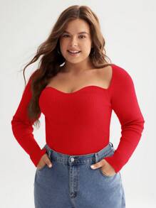 SHEIN BASICS 秋冬新款鸡心领罗纹针织毛衣 - 紅色 - 查看 6