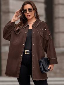 SHEIN LUNE 大碼珍珠串珠落肩袖毛邊緣外套 - 棕色 - 查看 1