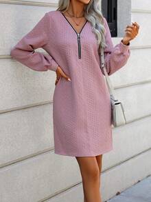 EMERY ROSE Half Zip Lantern Sleeve Dress - Pink - View 4