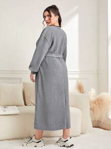 Mulvari Plus Patched Detail Drop Shoulder Belted Fleece Dress - Light Grey - View 3