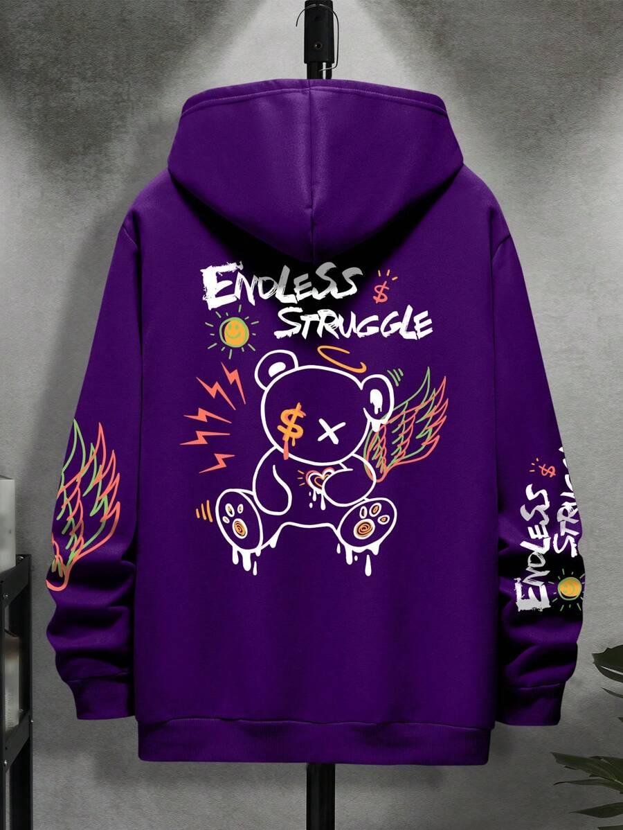 Manfinity Dauomo Men Bear & Letter Graphic Drawstring Hoodie, Fall/Winter