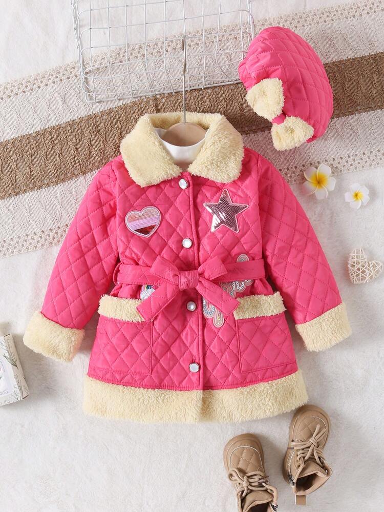 Young Girl Star & Heart Patched Contrast Fuzzy Trim Belted Quilted Dress & Hat