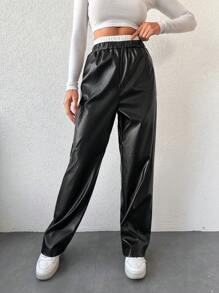 EURMUSE Contrast Elastic Waist PU Leather Pants - Black - View 1