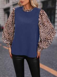 SHEIN LUNE Leopard Print Lantern Sleeve Frill Neck Blouse - Navy Blue - View 5