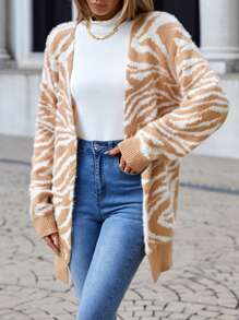 SHEIN LUNE Áo khoác cardigan trễ vai họa tiết sọc ngựa vằn - Lạc đà - Xem 5