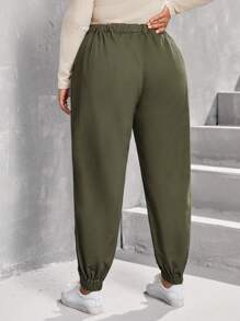 SHEIN LUNE 大尺碼女式抽繩彈性九分牛仔褲 - 軍綠色 - 查看 2