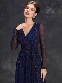 优雅长袖亮片和网眼装饰连衣裙 - 紫羅蘭色 - 查看 6