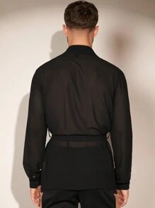 FeverCity 男士實心綁帶網衫修身透視性感襯衫，適合男友禮物 - 黑色 - 查看 2