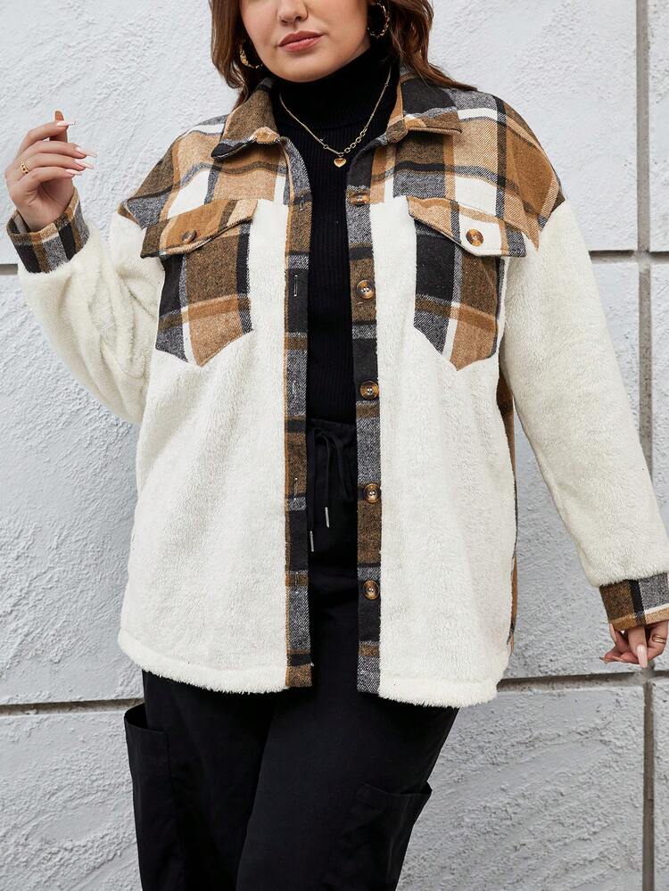 Plus Plaid Print Drop Shoulder Flap Pocket Flannelette Coat