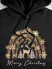 SHEIN EZwear Christmas Print Drop Shoulder Hoodie - Black - View 4