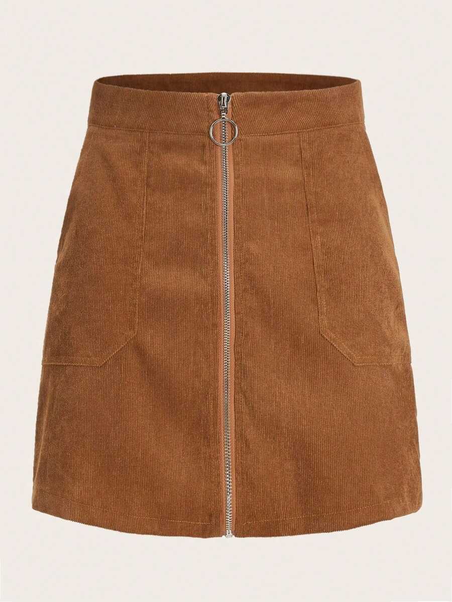 SHEIN Privé Zip Up Corduroy Skirt - Rust Brown - View 1