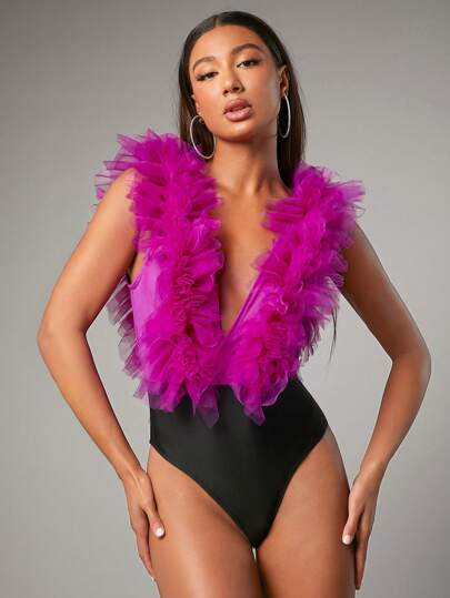 SHEIN BAE Plunging Neck Layered Mesh Ruffle Trim Bodysuit