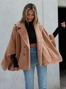 SHEIN LUNE 蝙蝠袖雙排釦絨毛外套 - 駝色 - 查看 1