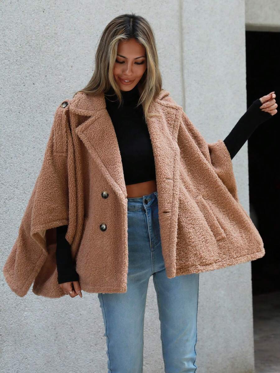 SHEIN LUNE 蝙蝠袖雙排釦絨毛外套 - 駝色 - 查看 1