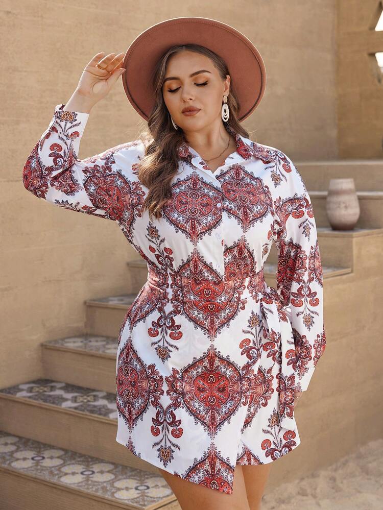 Plus Plants Print Drop Shoulder Shirt & Wrap Knot Side Skirt
