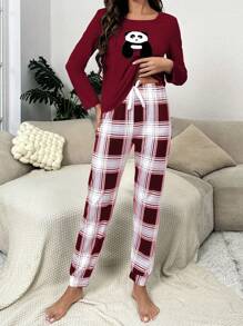 Gấu trúc Đã vá Áo thun & In kẻ sọc Quần Bộ PJ - Màu Đỏ Sâu - Xem 3