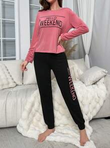 SHEIN Letter Graphic Tee & Pants PJ Set / Pajama Set, Fall Winter Clothes - Multicolor - View 4