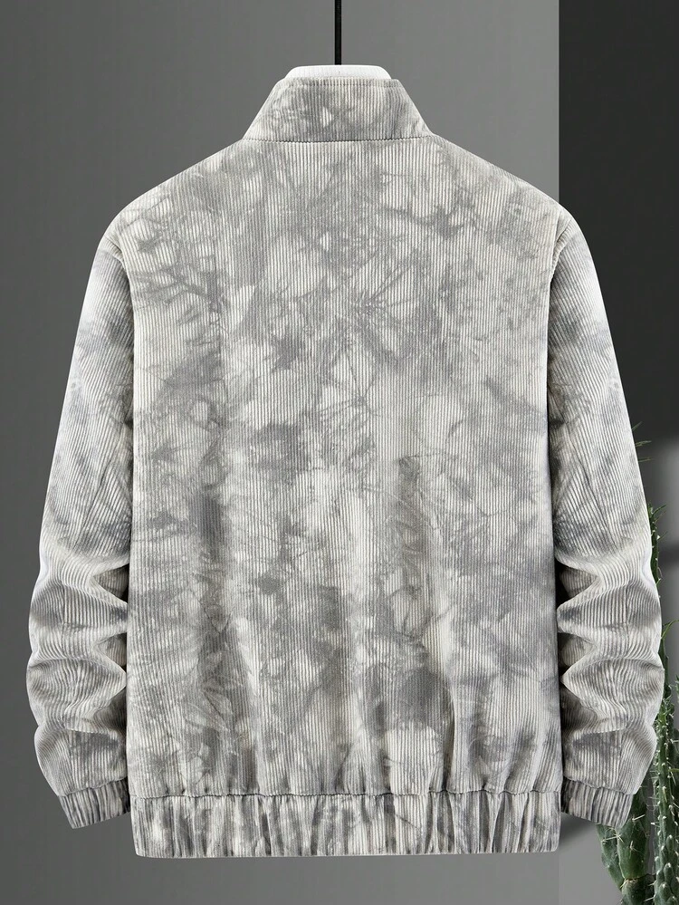 Loose Men's Tie Dye Letter Patch Detail Zipper Jacket Without Inner Fleece , Corduroy