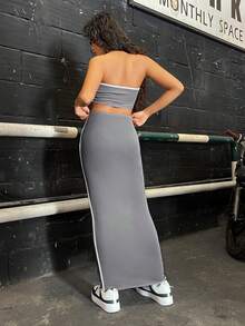 SHEIN EZwear 撞色滾邊抹胸上衣&鉛筆裙 - 深灰色 - 查看 2