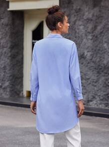 BizChic Striped Print Drop Shoulder Knot Side Asymmetrical Hem Shirt - Blue and White - View 2