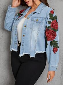 SHEIN LUNE Plus Floral Embroidery Flap Pocket Raw Hem Denim Jacket - Light Wash - View 3